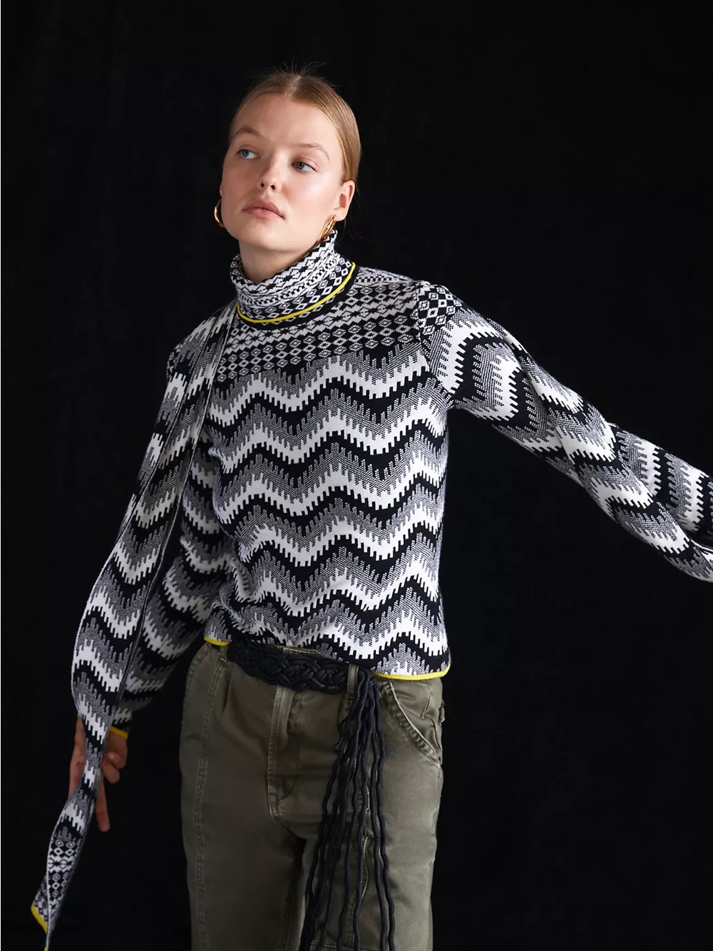 Anthropologie Maeve | Black & White Chevron Turtleneck Sweater with Yellow Trim